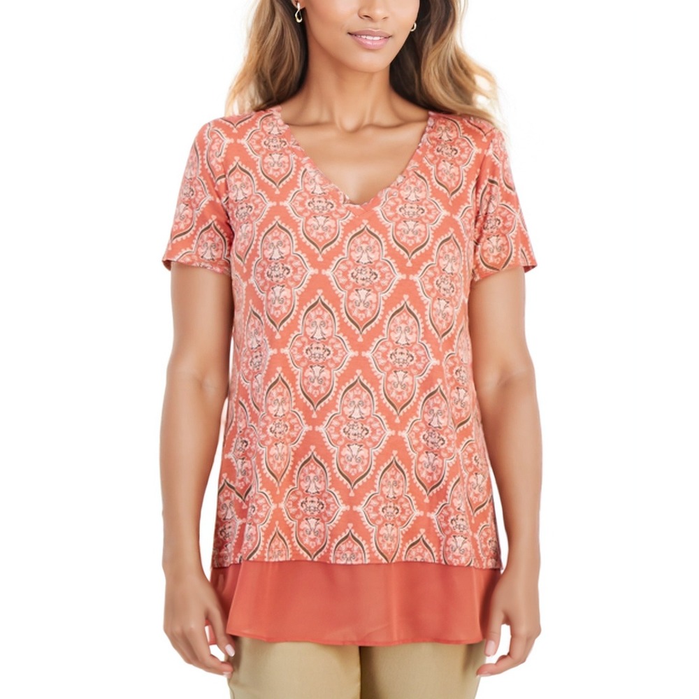 JM Collection Top Womens XL‎ Burnt Brick Paisley Peasant Gauze Blouse Twofer NWT